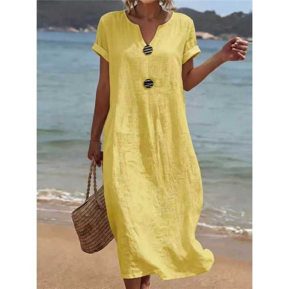 Women's Yellow V-Neck Short-Sleeve Relaxed Linen-Look Maxi Dress